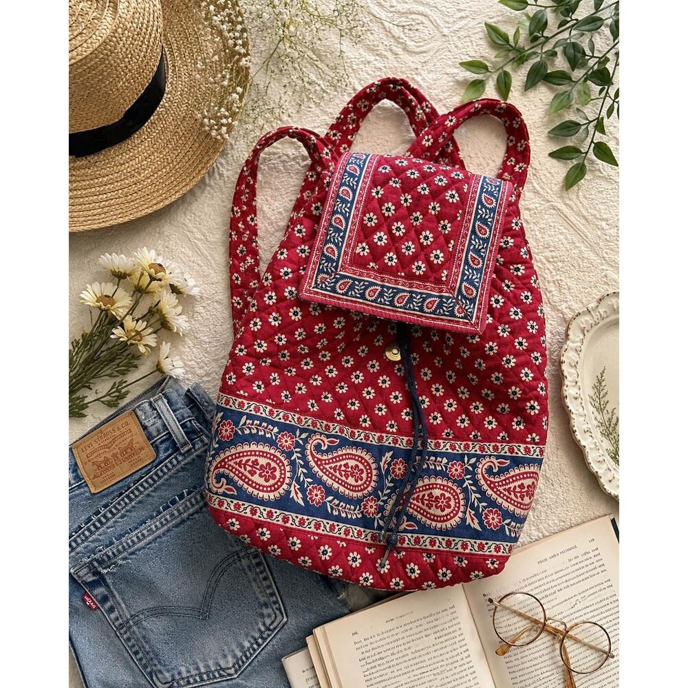 Vintage Vera Bradley Mimi Backpack Americana Red Quilted Drawstring Bag